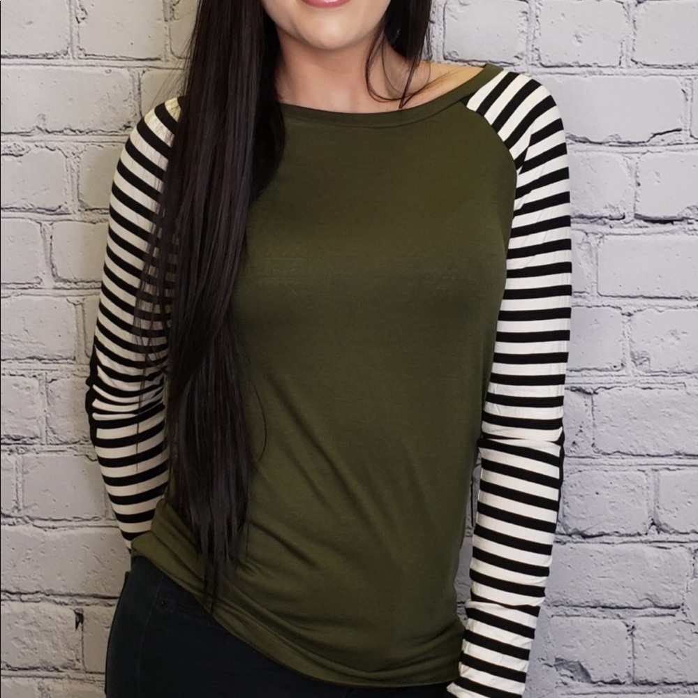 Olive Green Boutique long sleeve striped top Med